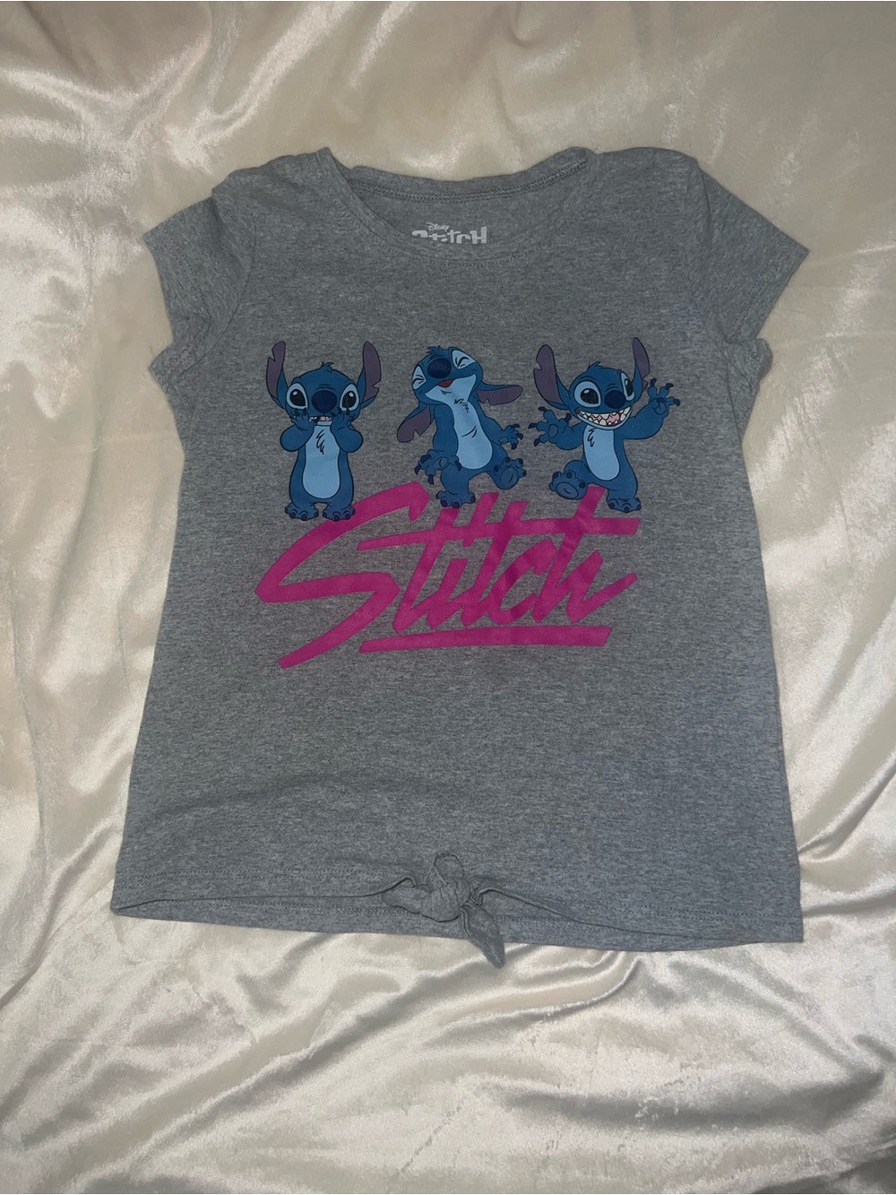 Disney Girls' Gray Tee with Pink Stitch Logo and Blue Character Print